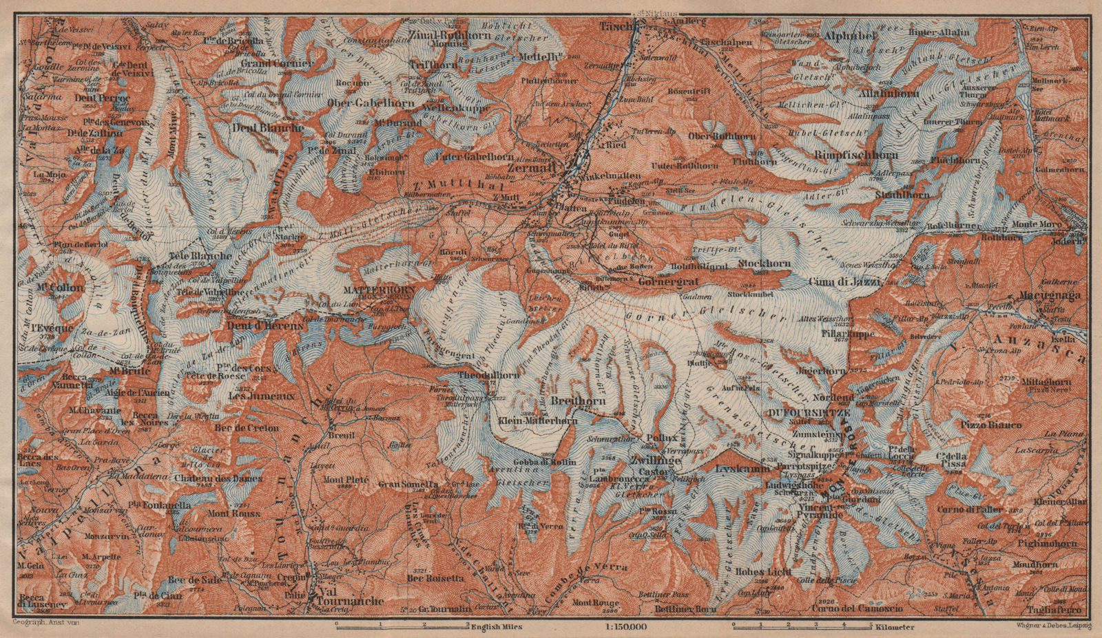 ZERMATT ENVIRONS. Breuil-Cervinia Matterhorn Tournanche Monte Rosa 1905 map